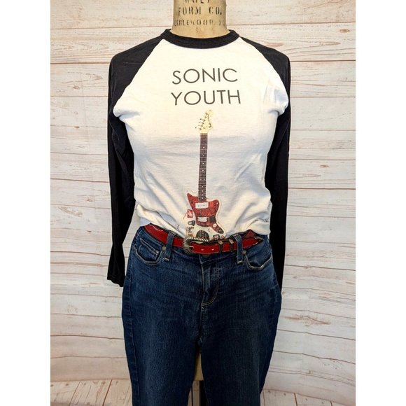 Sonic Youth Mens Tshirt Size Small S Baseball Raglan Black White Guitar - Picture 2 of 7